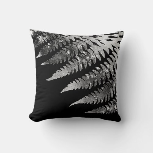 Modern Elegant Abstract Gray Watercolor Fern Black Throw Pillow