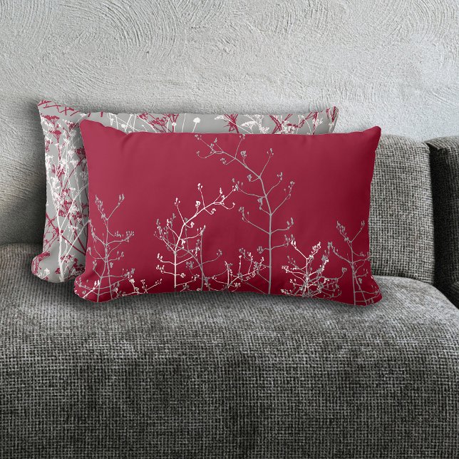 Modern Elegant Abstract Grey Flowers on Burgundy Lumbar Pillow (Creator Uploaded)
