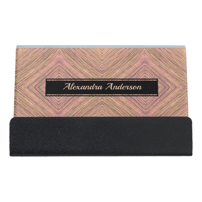 Modern Elegant Abstract Personalized Gold Pink Desk Business Card Holder (Front)