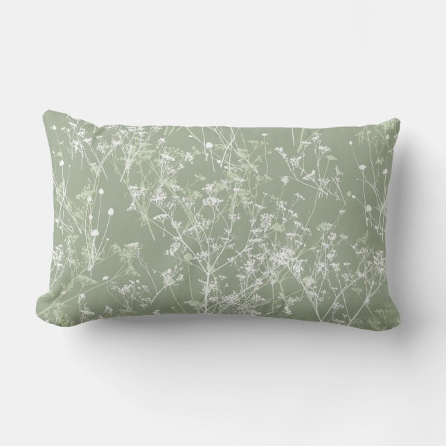 Modern Elegant Abstract Sage Green Floral Lumbar Pillow (Front)