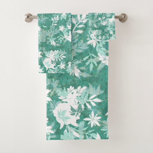 Modern Elegant Abstract Teal Marigold Flowers Bath Towel Set (Insitu)