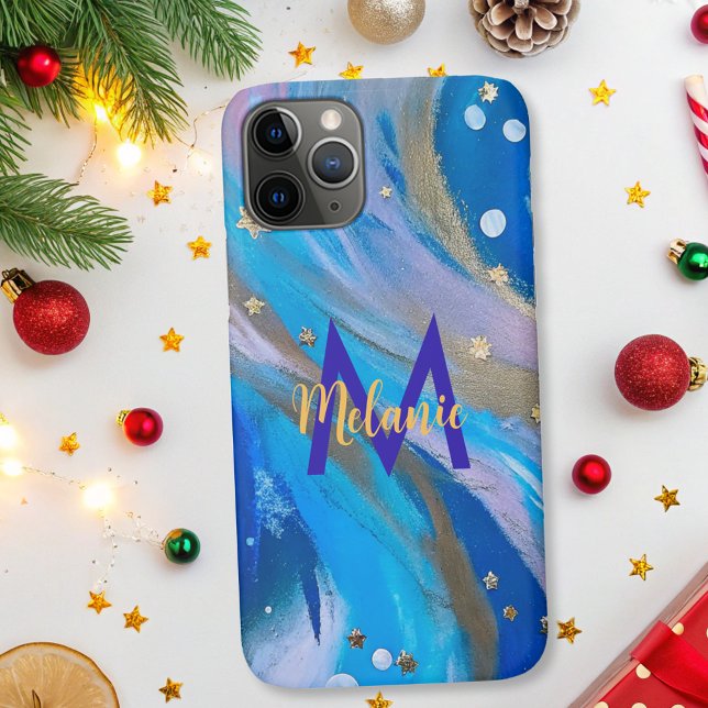 Modern elegant abstract whimsical blue gold Case-Mate iPhone case (Creator Uploaded)