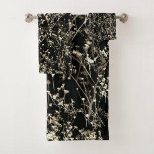 Modern Elegant Abstract Wildflowers Black Beige Bath Towel Set