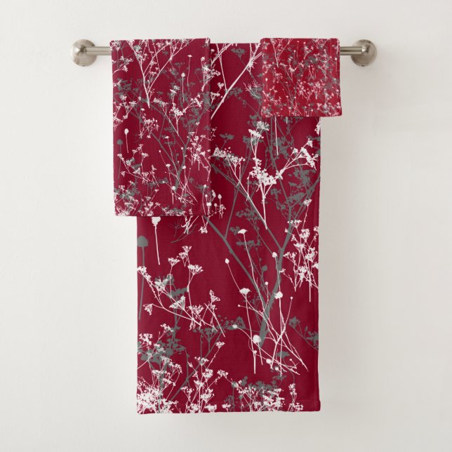 Modern Elegant Abstract Wildflowers Burgundy Gray Bath Towel Set (Insitu)