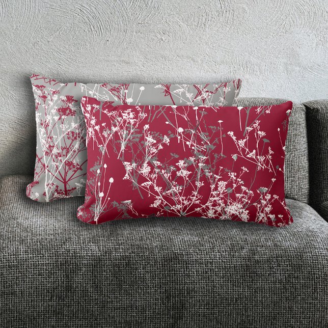 Modern Elegant Abstract Wildflowers Burgundy Grey Lumbar Pillow (Creator Uploaded)