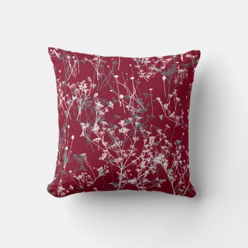 Modern Elegant Abstract Wildflowers Burgundy Grey Throw Pillow