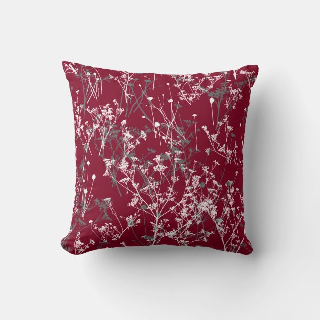 Modern Elegant Abstract Wildflowers Burgundy Grey Throw Pillow (Front)