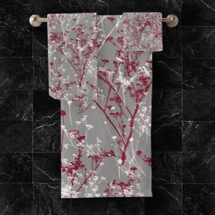 Modern Elegant Abstract Wildflowers Gray Burgundy Bath Towel Set