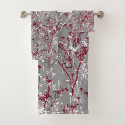 Modern Elegant Abstract Wildflowers Gray Burgundy Bath Towel Set
