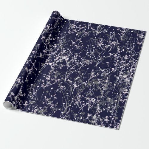 Modern Elegant Abstract Wildflowers on Navy Blue Wrapping Paper