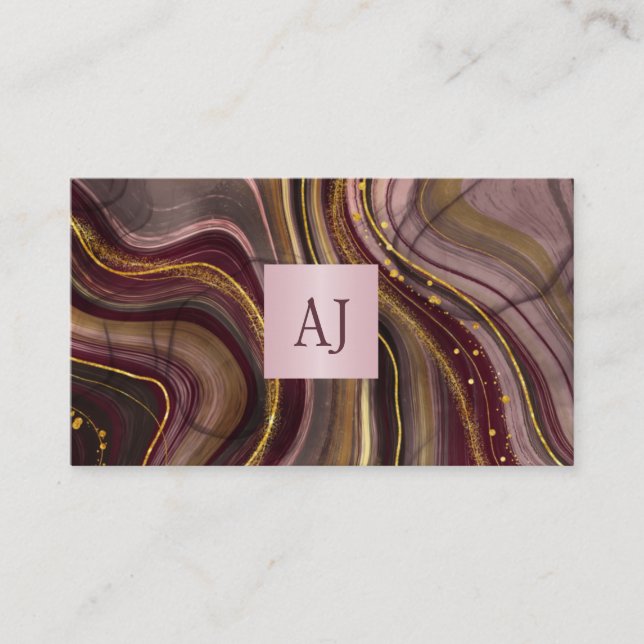 Modern elegant agate gold burgundy makeup artist business card (Front)