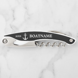 Modern Elegant Anchor Logo Black White Custom Name Waiter's Corkscrew