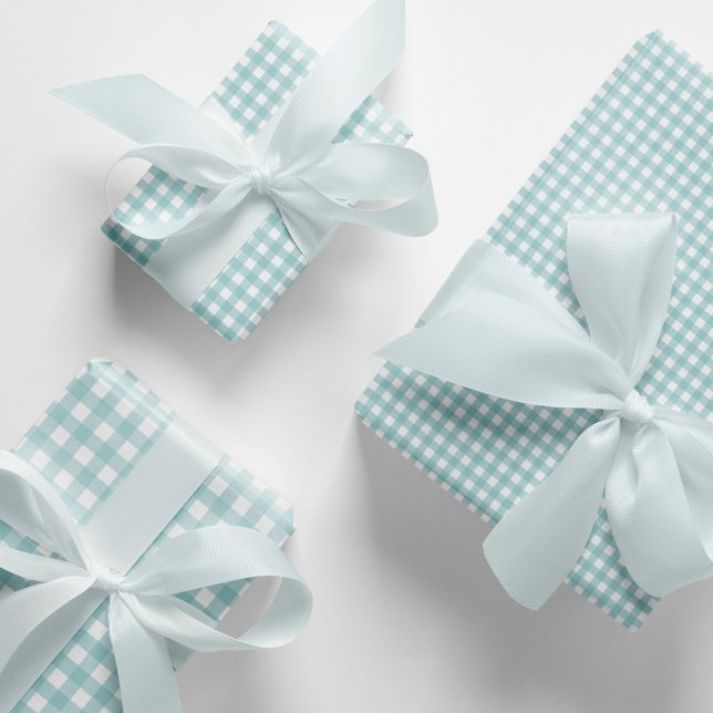 Modern Elegant Aqua Blue Gingham Check Pattern  Wrapping Paper Sheets (Aqua blue and white gingham gift wrapping paper sheets. Pastel turquoise gingham pattern gift wraps.)