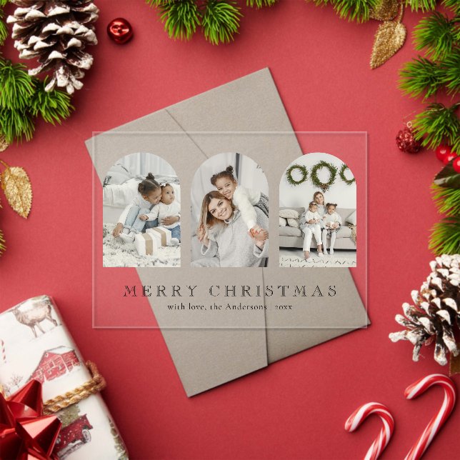 Modern Elegant Arch 3 Photo Collage Christmas Card Acrylic Invitations (Insitu (Holiday))