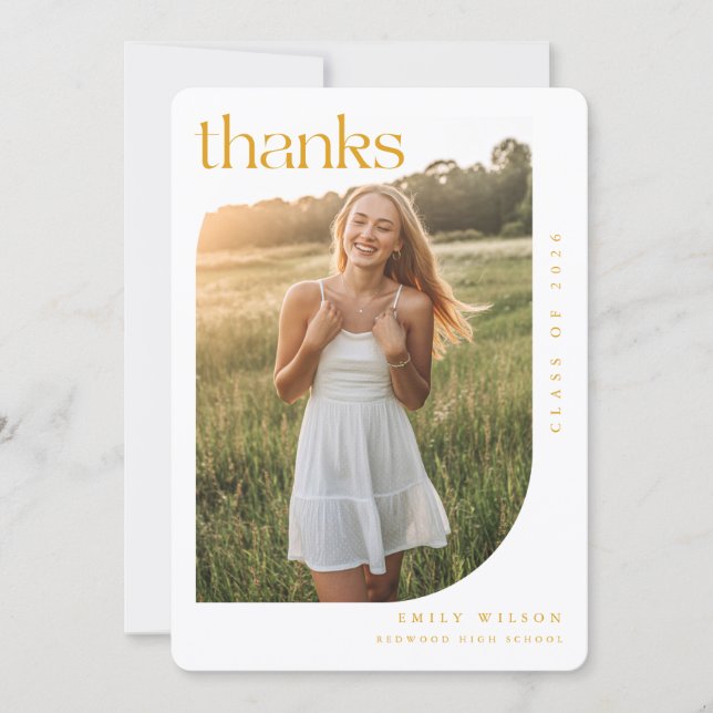 Modern Elegant Arch Photo Gold Script Graduation Thank You Card (Front)