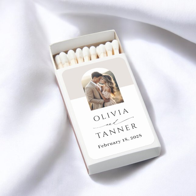Modern Elegant Arch Photo Neutral Beige Wedding Matchboxes (Creator Uploaded)