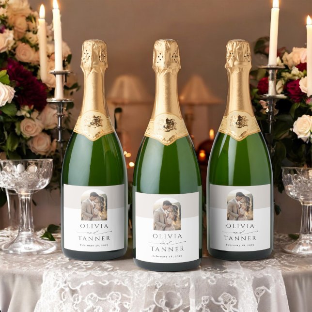 Modern Elegant Arch Photo Neutral Beige Wedding Sparkling Wine Label (Creator Uploaded)