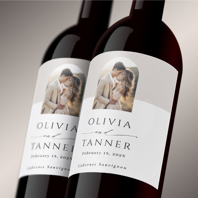 Modern Elegant Arch Photo Neutral Beige Wedding Wine Label (Creator Uploaded)