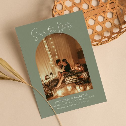 Modern Elegant Arch Photo Sage Green Boho Wedding Save The Date