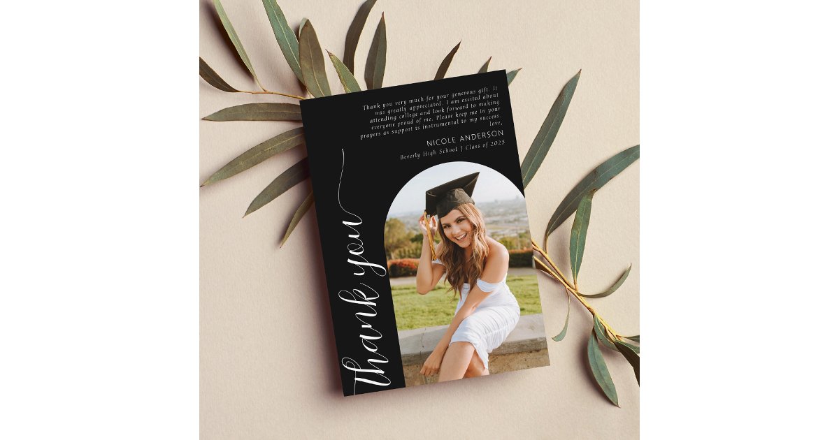 Modern Elegant Arch Photo Script Graduation Black Thank You Card | Zazzle