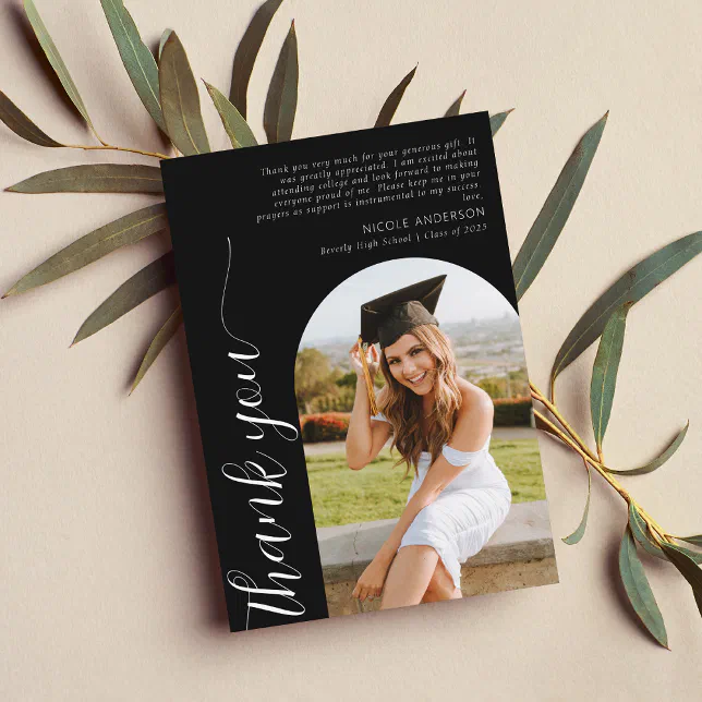 Modern Elegant Arch Photo Script Graduation Black Thank You Card | Zazzle