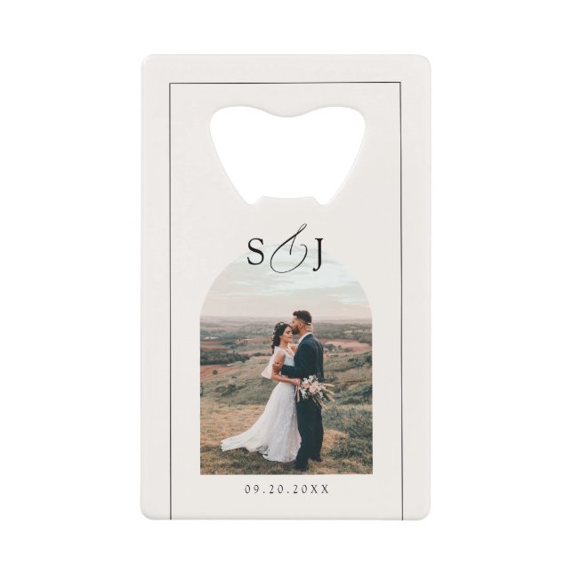 Modern Elegant Arch Photo Script Wedding Favor Credit Card Bottle Opener (Front)