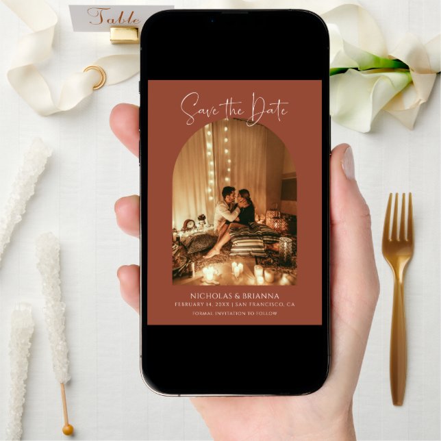 Modern Elegant Arch Photo Terracotta Boho Wedding Save The Date (Front Digital)