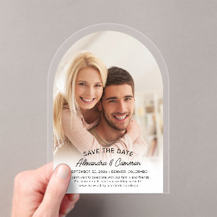 Modern Elegant Arch Script Photo Save The Date Acrylic Invitations