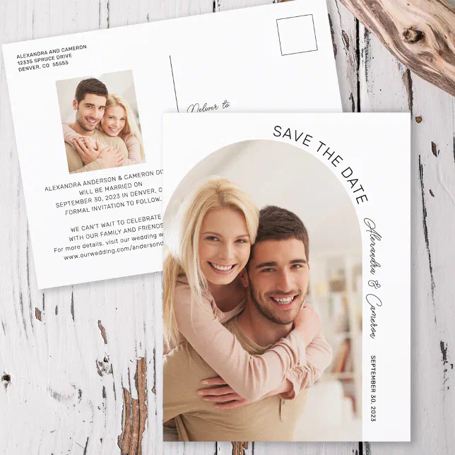 Modern Elegant Arch Script Photo Save The Date Postcard
