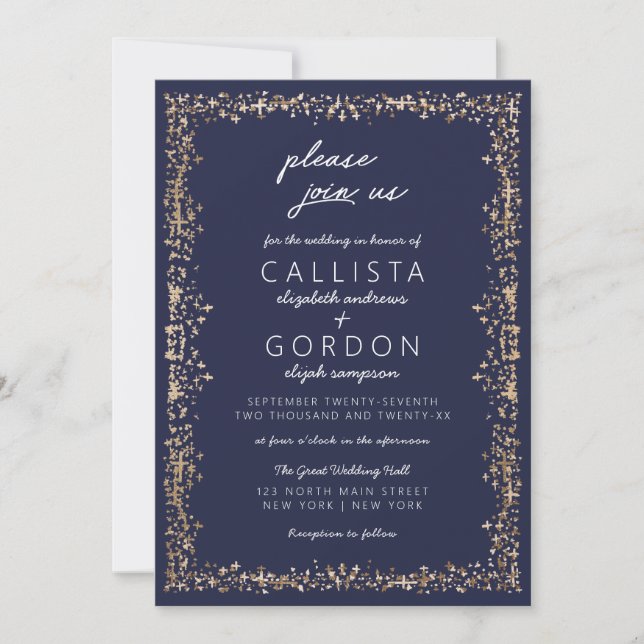 Modern Elegant Artsy Navy Blue Gold Border Wedding Invitation (Front)