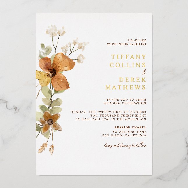 Modern Elegant Autumn Fall Wedding Gold Foil Invitation (Front)