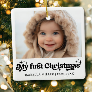 Modern Elegant Baby First Christmas Baby Photo Ceramic Ornament