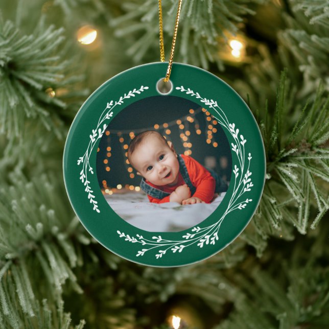 Modern Elegant Baby First Christmas Green Ceramic Ornament (Tree)