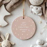 modern elegant baby first christmas natural toffee ceramic ornament<br><div class="desc">Baby's First Christmas holiday design. Hand drawn christmas tree pattern with space for babies name photograph and other details on the back.
part of a collection. Natural toffee color can be customized.</div>