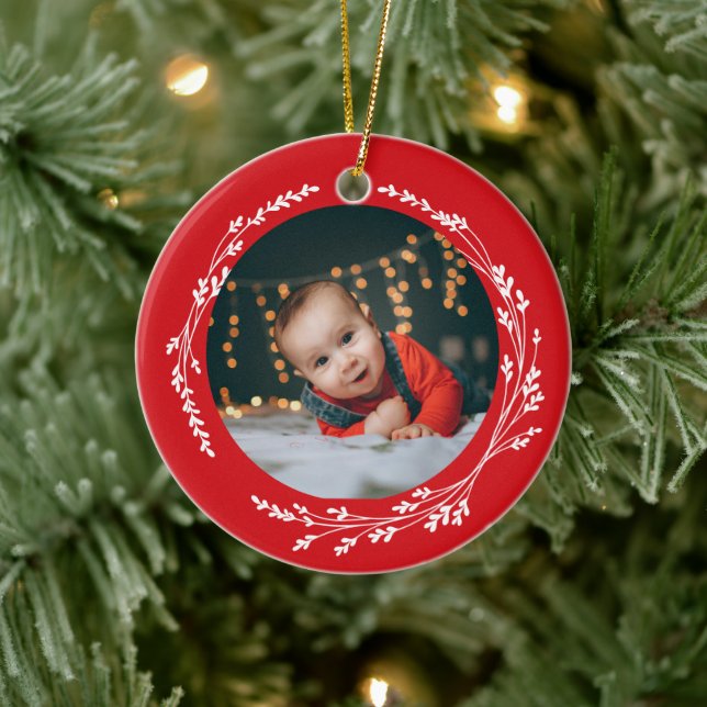 Modern Elegant Baby First Christmas Red Ceramic Ornament (Tree)