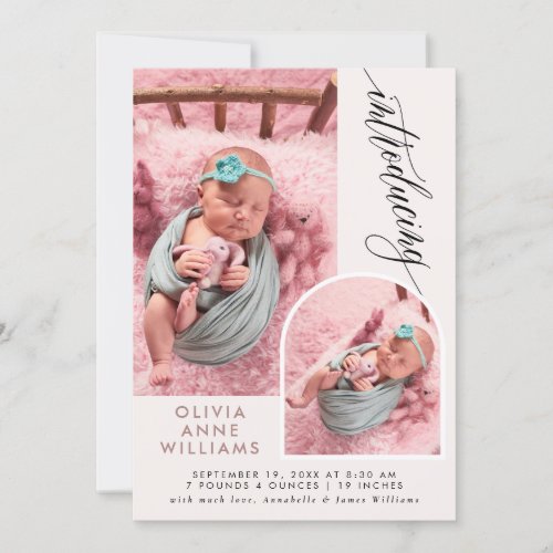 Modern Elegant Baby Girl Photo Collage Birth Announcement