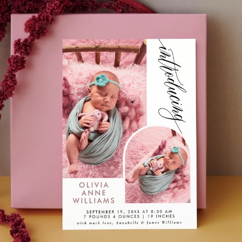 Modern Elegant Baby Girl Photo Collage Birth  Announcement