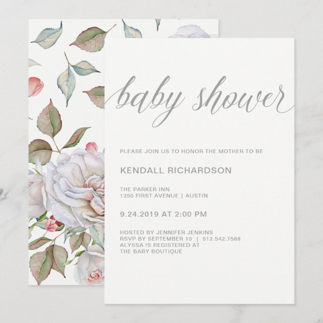 Modern Elegant Baby Shower | Delicate Floral Back Invitation (Front/Back)