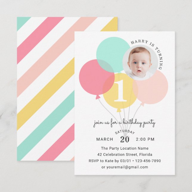 Modern Elegant Balloons First 1st Photo Birthday Invitation (Front/Back)