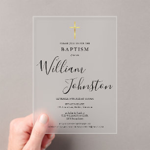 Modern Elegant Baptism Christening Gold Cross Acrylic Invitations