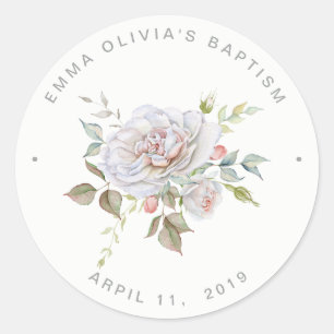 Modern Elegant Baptism Delicate Floral Classic Round Sticker