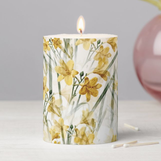 Modern Elegant Beautiful Watercolor Floral Pattern Pillar Candle (In Situ)