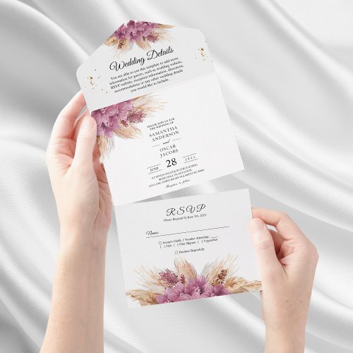 Modern Elegant Beauty Pink Orchid  Pampas  Gold  All In One Invitation