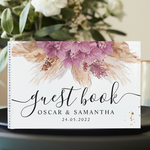 Modern Elegant Beauty Pink Orchid  Pampas  Gold  Guest Book