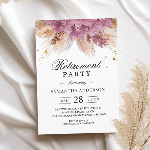 Modern Elegant Beauty Pink Orchid  Pampas  Gold  Invitation