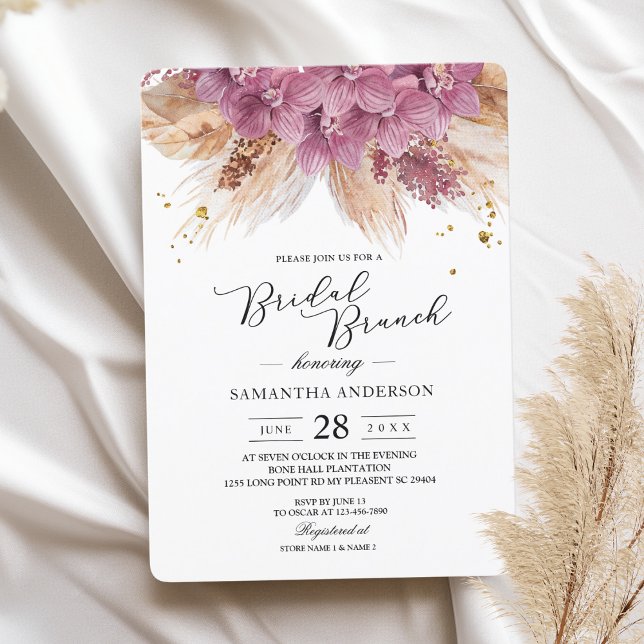 Modern Elegant Beauty Pink Orchid & Pampas & Gold  Invitation (Creator Uploaded)
