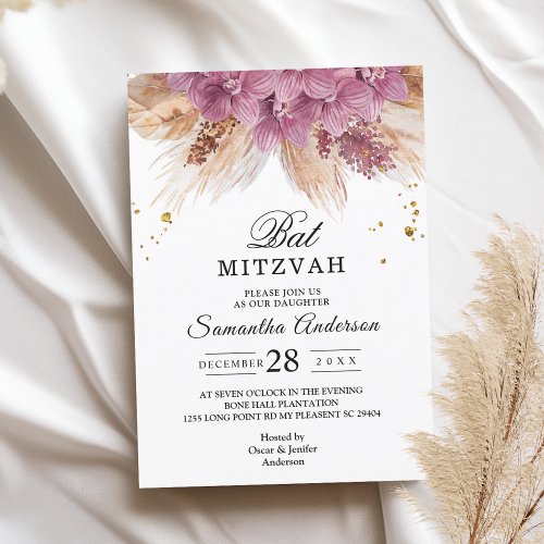 Modern Elegant Beauty Pink Orchid  Pampas  Gold  Invitation