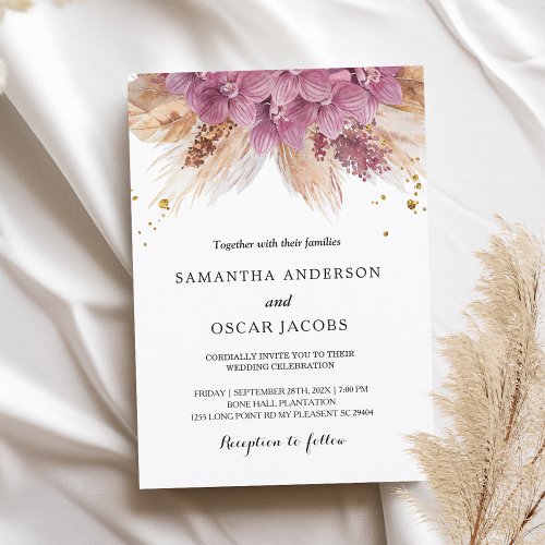 Modern Elegant Beauty Pink Orchid  Pampas  Gold  Invitation