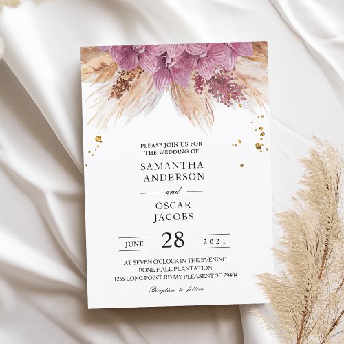 Modern Elegant Beauty Pink Orchid  Pampas  Gold  Invitation