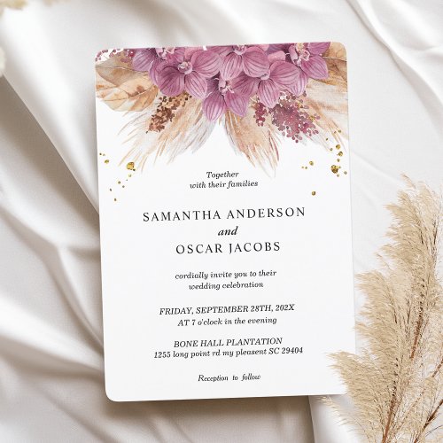 Modern Elegant Beauty Pink Orchid  Pampas  Gold  Invitation